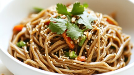 Poster - Delicious Soba Noodles with Sesame Seeds and Fresh Greens. Soba Noodles with Peanut Sauce