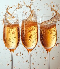 An isolated white background shows champagne glasses with splashes