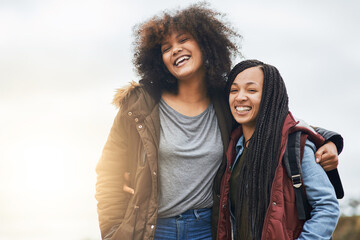 Aufkleber - Portrait, hug and friends with women, outdoor and bonding together with happiness, smile and break. Nature, face and people with embrace, cheerful and confidence with vacation, travel and adventure