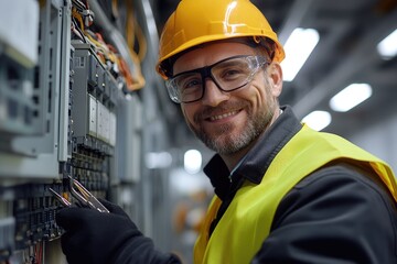 Poster - Electrician smiling and working on a fuse box wearing safety gear