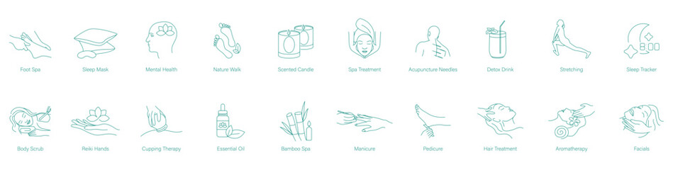 Wall Mural - Foot Spa, Sleep Mask, Mental Health, Nature Walk, Scented Candles, Spa Treatment, Acupuncture Needles, Detox Drink, Stretching, Sleep Tracker, Body Scrub, Reiki Hands, Cupping Therapy vector icons