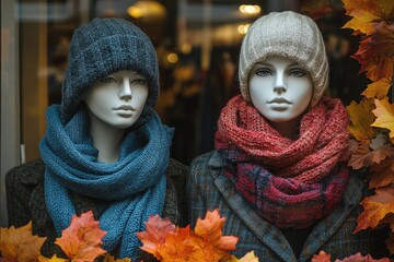 Two mannequins wearing winter clothes and surrounded by autumn leaves