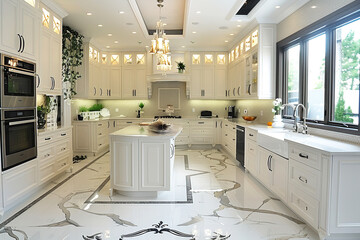 Kitchen European modern style interior design in white with neon lighting lamps.