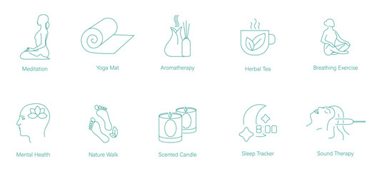 Poster - Meditation, Yoga Mat, Aromatherapy, Herbal Tea, Breathing Exercises, Mental Health, Nature Walks, Scented Candles, Sleep Tracker, and Sound Therapy Vector Icons for Mindfulness and Wellness  