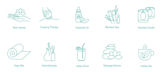 Poster - Reiki Hands, Cupping Treatment, Essential Oil, Bamboo Spa, Scented Candles, Yoga Mat, Aromatherapy, Detox Drink, Massage Stones, and Herbal Tea Vector Icons for Holistic Wellness