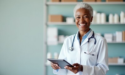 Black woman in a white medical coat with a tablet in a pharmacy for medical care or online consultation