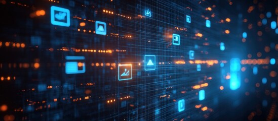 Wall Mural - abstract digital background with blue and orange glowing squares and lines with icons of a cloud, cr