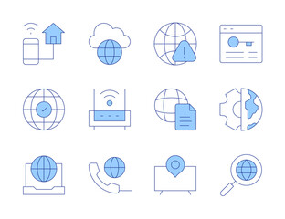 Internet icons. Line Duotone style, editable stroke. wifi router, no internet, worldwide, smart tv, phone, phone call, internet, laptop, global, globalization, browser, document