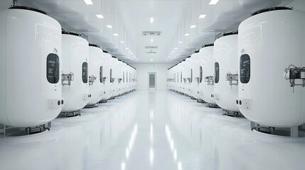 Poster - Rows of water storage tanks neatly organized in the utility room of a commercial building showcasing efficient infrastructure and industrial design