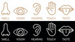 © AsadWafa - Set of Five human senses in brown and gray line icons. Vision, hearing, smell, taste, touch on black and white background. Sign for web page, mobile app, banner, social media. Vector illustration.