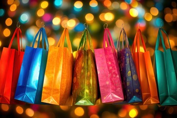 Colorful shopping bags against a vibrant, festive background.