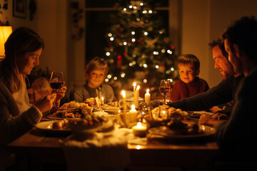 A family is gathered around a table with a Christmas tree in the background