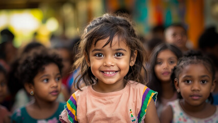 A joyful group of children smiling brightly, capturing the essence of happiness and innocence in a vibrant, colorful environment. Perfect image for themes of childhood, diversity, and friendship.