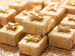 Golden gift boxes with sparkles, perfect for celebrations and festivities.