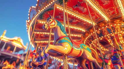 a classic Oktoberfest carousel, with vivid reds, blues, and yellows spinning under a bright sky