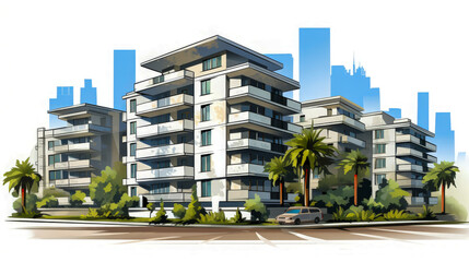 A stylish, modern apartment complex surrounded by palm trees, set against a backdrop of an urban city skyline