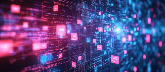 Wall Mural - abstract digital network with glowing pink and blue data blocks.