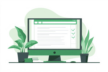 A modern green computer desktop with plants on the desk, displaying a web interface with checkmarks, creating a clean and fresh look
