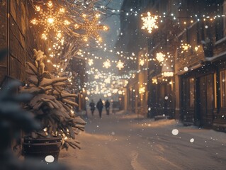 Winter street adorned with festive lights and snow, creating a magical atmosphere.