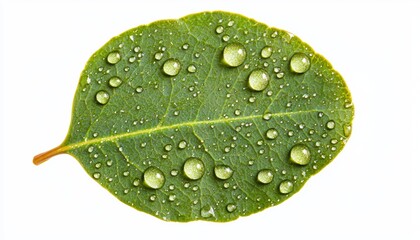 A single fresh green leaf with droplets of water beading on its surface, isolated on a white background