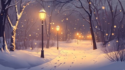 Illustration of a quiet park blanketed in fresh snow, with old-fashioned lampposts casting soft, golden light along a winding path