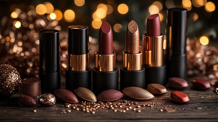 makeup display warm autumnal tones showcasing golden brown lipsticks deep berry eyeshadows shimmerin