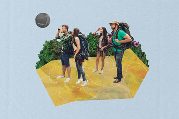 Composite photo collage of summer vacation gathering man girl tour look binocular search way map hiking isolated on painted background