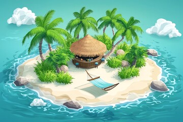 A small tropical island with a beach bar, palm trees, and a hammock, seen from above.