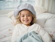 © shrinay - cute smiling girl on white bed. AI Generative