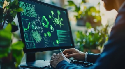 Businessman examining carbon footprint data on a modern computer, working towards green solutions to combat climate change and support sustainability