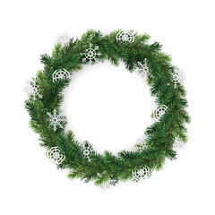 Wall Mural - christmas branch decorative wreath with white paper snowflakes on transparent background