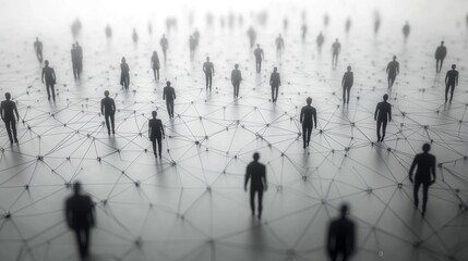 Fototapete - Many silhouetted figures stand on a foggy landscape, connected by thin lines, symbolizing interconnectedness and communication in a digital world.