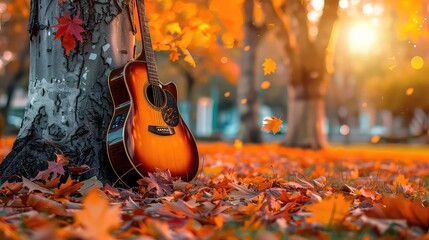 Canvas Print - A close-up view of an acoustic guitar resting against a tree trunk, surrounded by vibrant fall leaves.