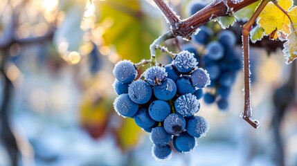 Frozen Beauty: Captivating Blue Vine Grapes in an Autumn Vineyard, Ideal for Crafting Ice Wine from