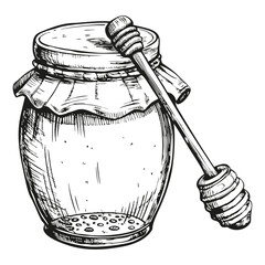 Wall Mural - A jar of honey with a wooden spoon next to it. The jar is filled with honey and the spoon is used to scoop it out. The image has a warm and inviting feeling