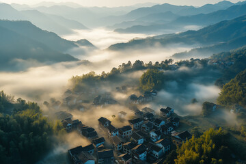 a foggy mountain scene with a small village in the valley