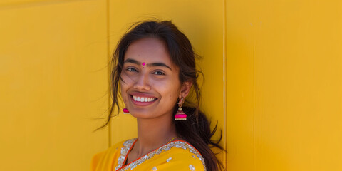 a woman wearing a yellow dress and pink earrings is smiling