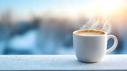 A steaming mug of hot freshly brewed coffee sitting on a windowsill with a frost covered glass pane creating a tranquil cozy atmosphere in the morning