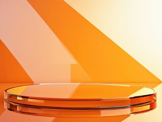 Geometric glass podium with sharp angles, pure orange background, dynamic and eyecatching, modern industrial design