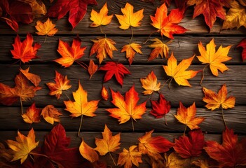 vibrant autumn leaves spread across textured wooden surface capturing essence fall rich color palette, foliage, orange, yellow, green, nature, beauty