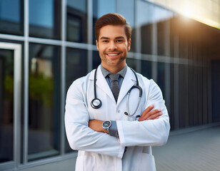 young handsome man smiling and successful male doctor and scientist standing proudly arms crossed outside a medical building facade