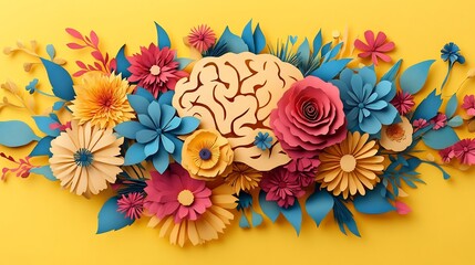 Wall Mural - creative paper cut illustration featuring human brain adorned colorful flowers set against a bright 