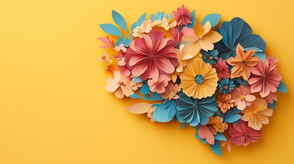 Wall Mural - creative paper cut illustration featuring human brain adorned colorful flowers set against a bright 