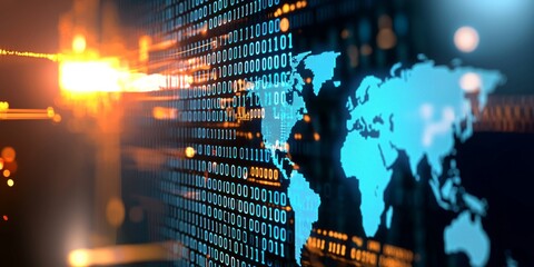 digital world map with glowing blue binary code on a black background, symbolizing the global networ