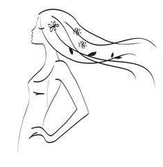 Aufkleber - Abstract beautiful girl with flowers in her long flowing hair. Line art. Decorative female beauty icon. Vector stock illustration	