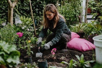 A woman is planting flowers in a garden. She is wearing a black jacket and gloves. The garden is full of different types of plants and flowers