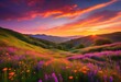 © Yaraslava - stunning sunset over lush rolling hills vibrant colors dreamy skyline, landscape, clouds, orange, yellow, pink, view, scenery, nature, beautiful, sunny