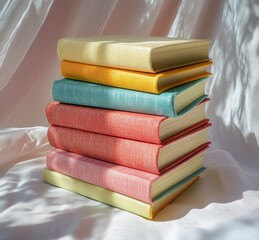 A stack of colorful books resting on a flat surface with varying textures and sizes