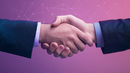 A close-up view of two individuals engaging in a handshake, symbolizing trust and partnership against a modern, abstract purple background.