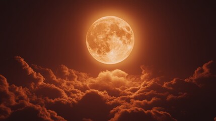 Wall Mural - a large orange moon is in the sky above a cloudy sky. the moon is surrounded by a dark, ominous sky